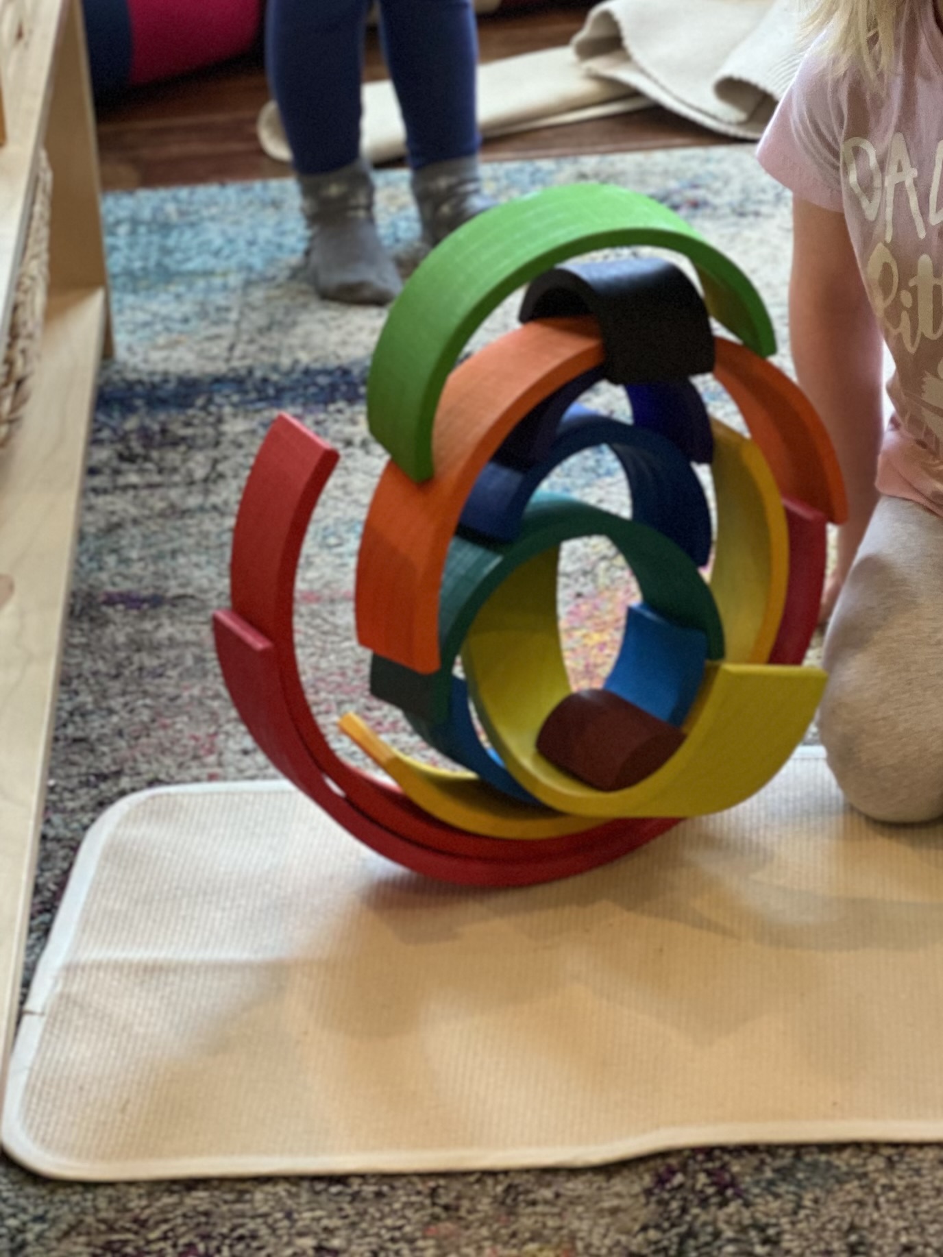 A creative sculpture built from a rainbow stacker